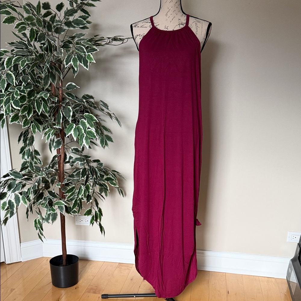 Magenta Halter Maxi Dress | Flowy Summer Beach Dress | Size Large
